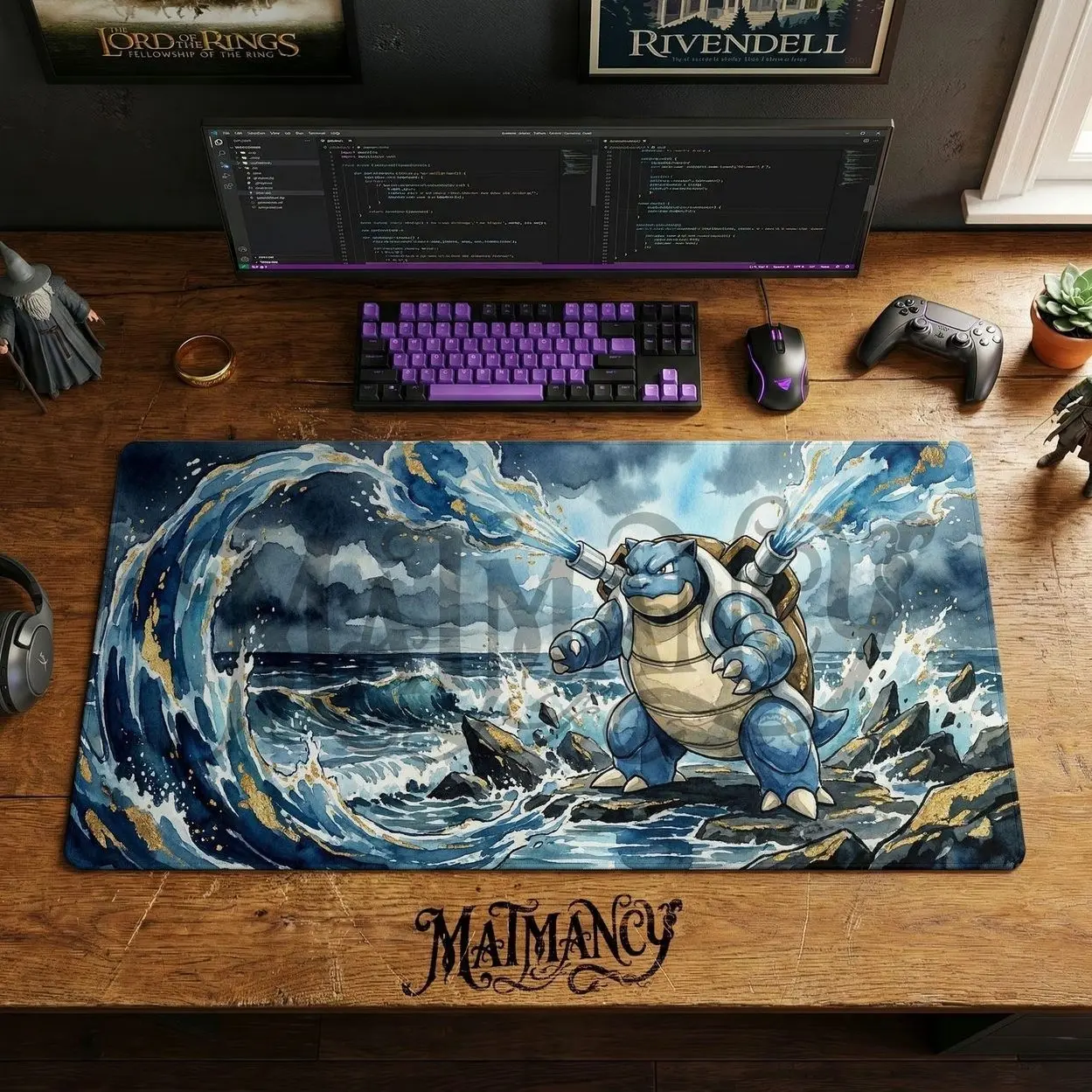 Blastoise Desk Mat, Pokemon Water Art Mouse Pad, Large Gaming Chair Mat, Ukiyo-e Anime PC Setup Accessories