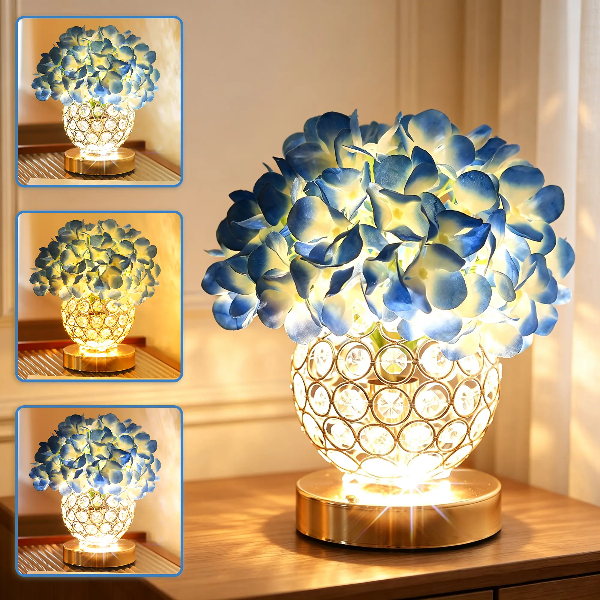 LED Artificial Blue Hydrangea Flower Lamp, Crystal Vase Table Lamp with Touch & Remote Control, 3 Color Modes Stepless Dimmable Night Light, Romantic Decor Lamp for Bedroom Dining Room, Ideal Gift for Birthday Valentine Christmas