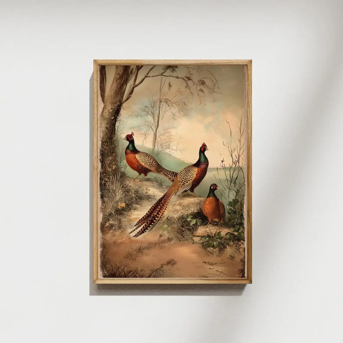 Vintage Pheasant Family Wall Art, Classic Wildlife Painting with Warm Tones, Elegant Countryside Nature Decor for Living Room, Study, or Thoughtful Gift
