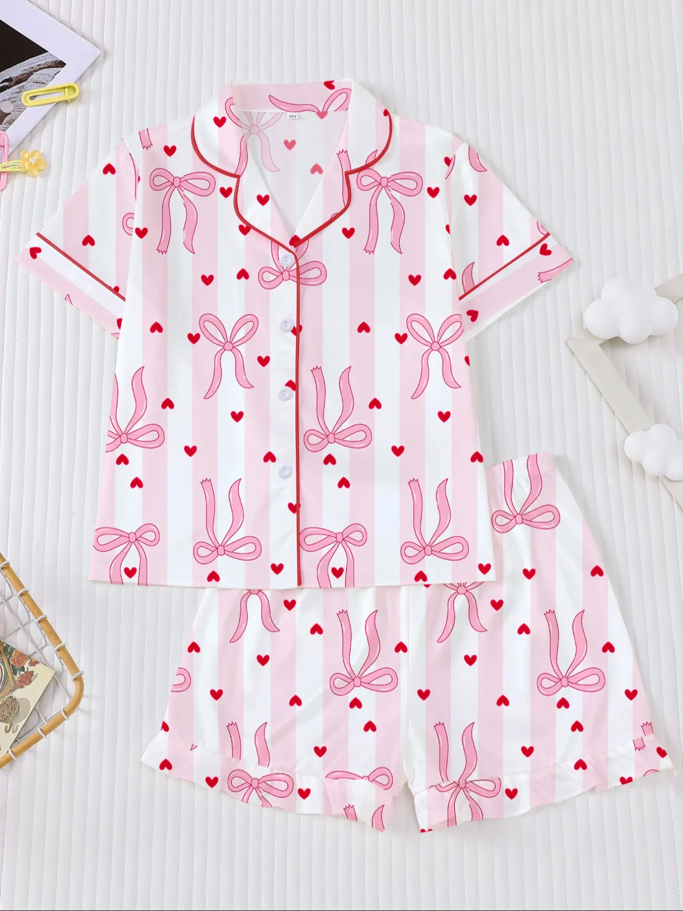 Girls' Sweet Bow Heart Stripe Pajama Set, Fire Retardant Button-Up Shirt & Elastic Waist Shorts, Casual Home Wear