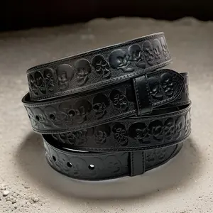 Leather Skull Belt, Biker belt, Skull Tooled Brown Leather belt, Custom Skull Leather Belt Rocker Style Belt, Men's leather belt with skulls