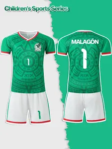 Green V-neck football suit for boys, custom name MALAGÓN, number 1. A comfortable and breathable two-piece jersey for matches and sports, suitable for outdoor exercise, school team equipment, and a great gift for festivals.