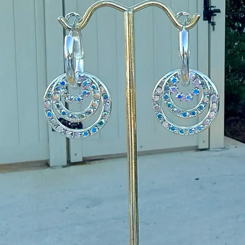 Silver Aura Swarovski Crystal Earrings 100% Nickel Free, Elegant, Triple Circle Design