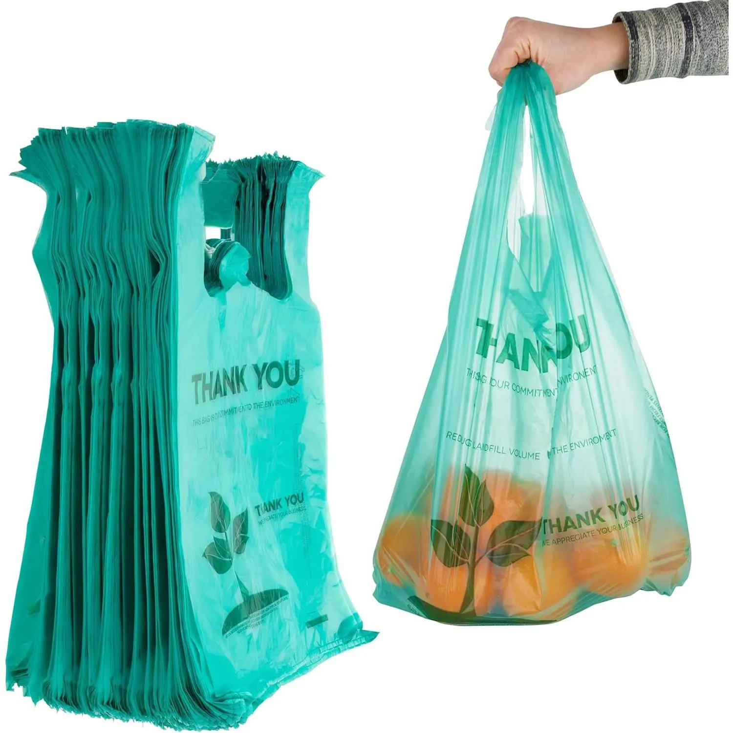 Eco Cornstarch Reusable Grocery Bags (100 Count) - PLA-Based, 100% Plant-Based Resources, 15 Micron Thickness, T-Shirt Shape, 22"l x 12"w x 6.5"gw, Recyclable for Grocery Shopping, Everyday Use