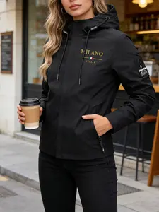 Women's Long Sleeve, Hooded Windbreaker Jacket Front Milano Italia Themed Gold Print Minimalist Windproof Water-Resistant Breathable Comfortable Durable Casual Coats Outerwear Ideal for Young Ladies Daily Commute Leisure Outings in Spring Autumn Winter