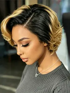 13x4 Lace Front Ombre to Blonde Short Wavy Human Hair Wig, 180% Density Pre Plucked Short Bob Wig for Women