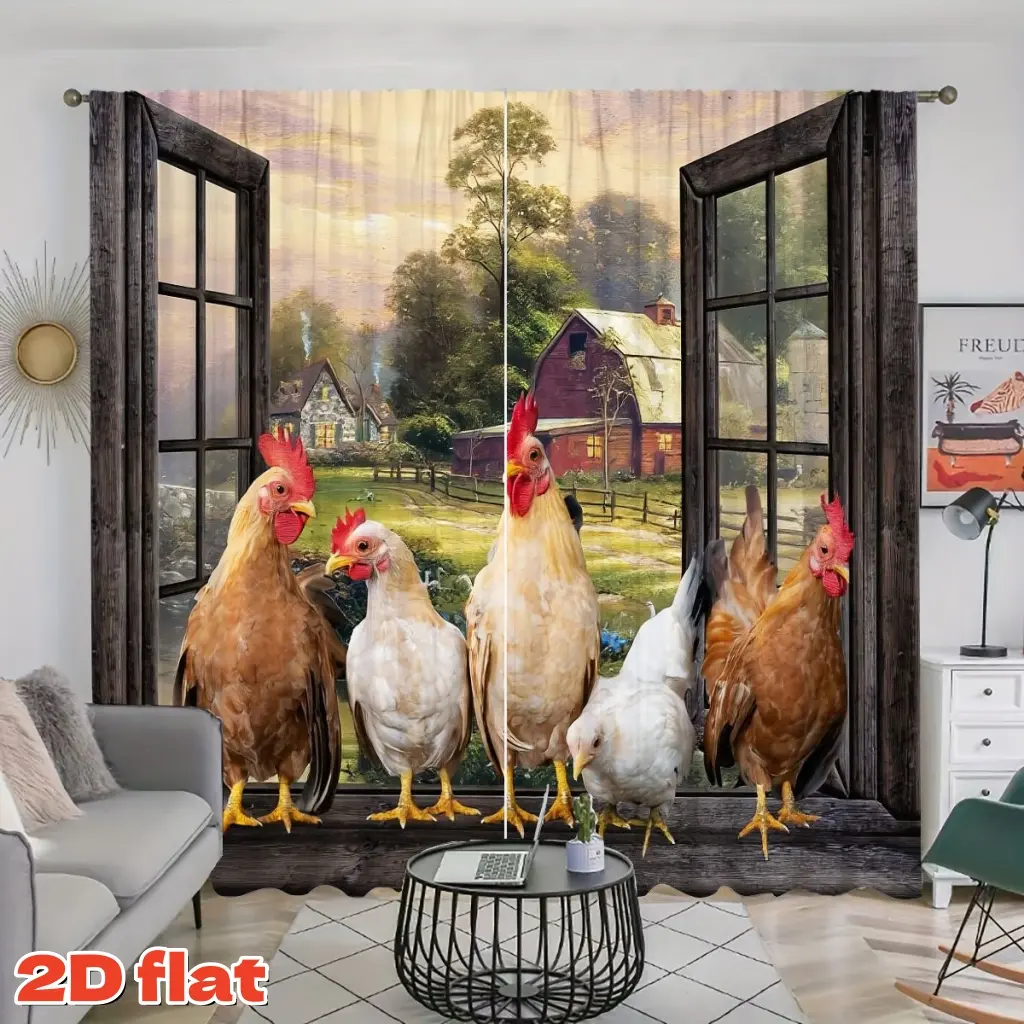 2D Flat 2Pcs Farmhouse Landscape Print Curtains, Rustic Rooster and Hen Window Panels, Artistic Farm Animal Theme Home Decor, Semi Sunshade Polyester, for Living Room Bedroom Kitchen Balcony Study Decoration, Anti Privacy.