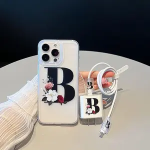Initials Letter Pattern Phone Case with Charger Head Cover & Cable Protector & Storage Lanyard, Anti-drop Cellphone Protective Case for iPhone, Casing
