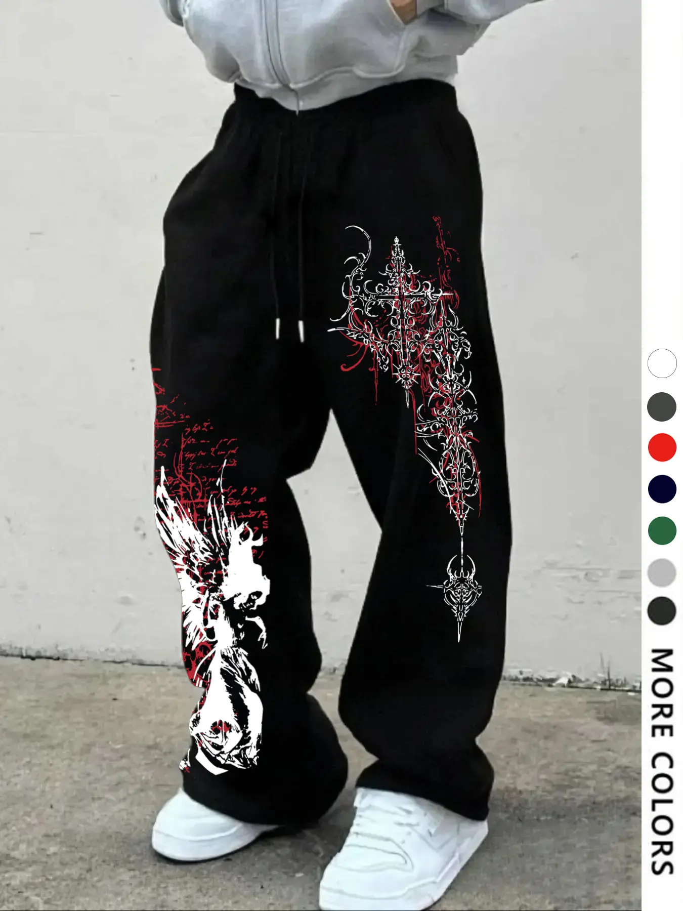 Men's Casual Sporty Long Pants, Angel & Thorn Cross Pattern Print, Graphic Adjustable Drawstring Casual Comfy Sweatpants, Wide Leg, All Season Fashion, Loose Fit, Athleisure Style Bottoms