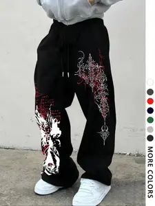 Men's Casual Sporty Long Pants, Angel & Thorn Cross Pattern Print, Drawstring Wide Leg, All Season Fashion, Loose Fit, Athleisure Style Bottoms