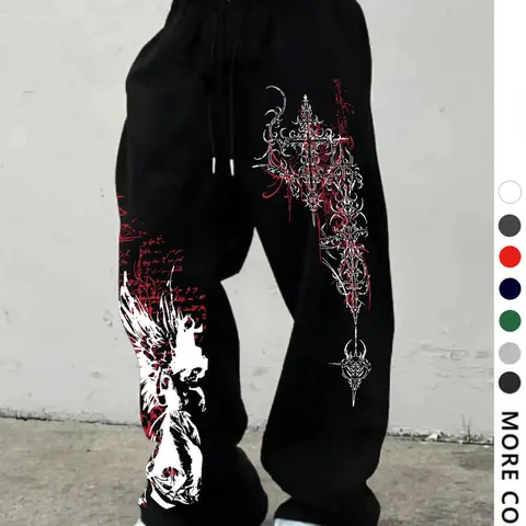 Men's Casual Sporty Long Pants, Angel & Thorn Cross Pattern Print, Graphic Adjustable Drawstring Casual Comfy Sweatpants, Wide Leg, All Season Fashion, Loose Fit, Athleisure Style Bottoms