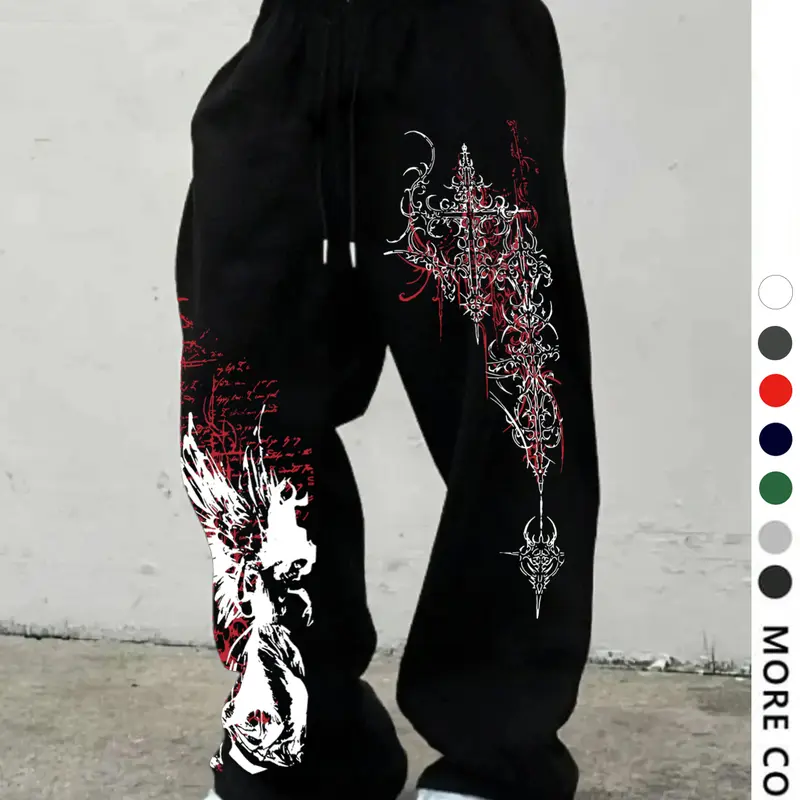 Men's Casual Sporty Long Pants, Angel & Thorn Cross Pattern Print, Graphic Adjustable Drawstring Casual Comfy Sweatpants, Wide Leg, All Season Fashion, Loose Fit, Athleisure Style Bottoms