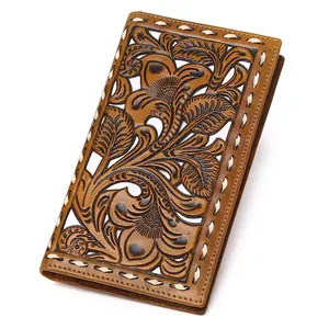 Western Floral Embossed Genuine Leather Wallet For Men Vintage Cowboy Full Grain Checkbook Wallet Credit Card Holder, Gift For Husband Christmas
