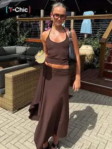 Women's Summer Outfit, Summer Clothing Set, Solid Sleeveless Backless Halter Neck Cami Top & Side Split Long Skirt Two-piece Set
