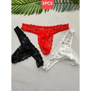 3PCS Men's Sexy Thong Panties, Lace Thong Underwear, Semi-Transparent Inner Wear, Comfortable, Breathable and Stylish, Geometric jockstrap Slim Fit