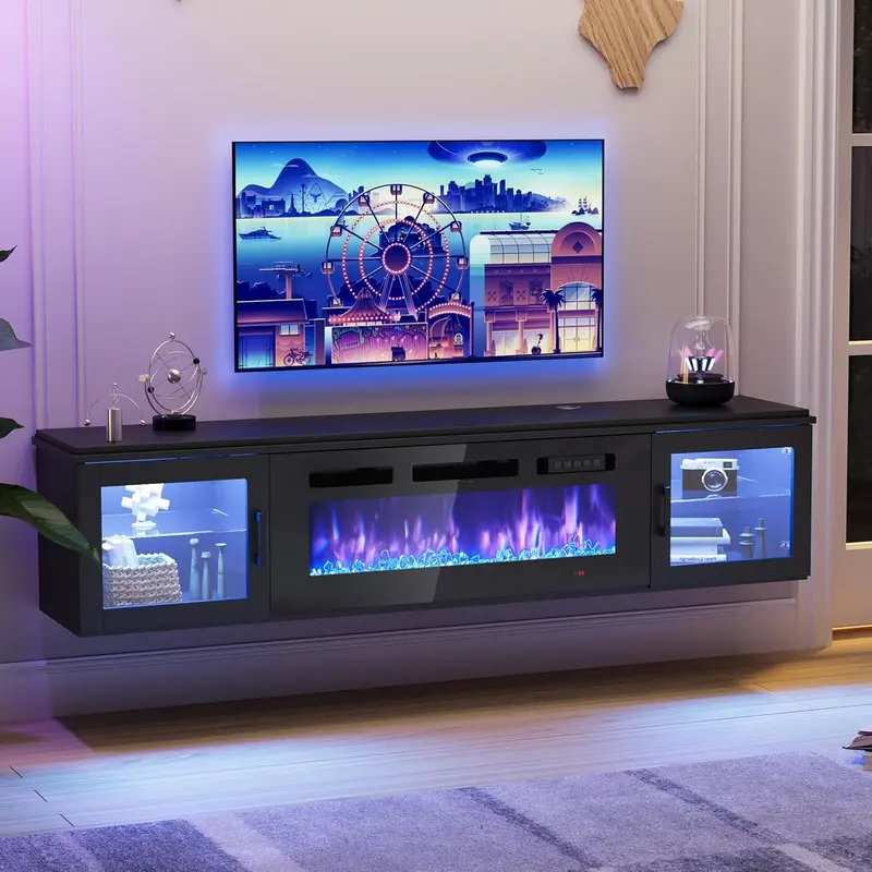 【Ships 2 Packages】oneinmil 70" Floating TV Stand with 36" Electric Fireplace, High Gloss Finish Wall Mounted Fireplace Entertainment Center with Storage for TVs Up to 80", Black TV Stand and Black Fireplace