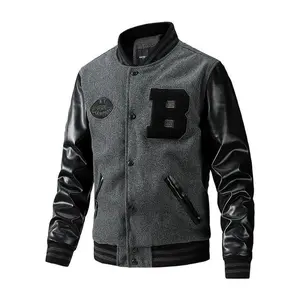 Men's Letter Embroidery Pocket PU Leather Baseball Jacket, Loose Preppy Style Long Sleeve Button Front Outerwear for Fall & Winter, Men's Clothes for Daily Wear