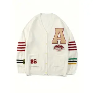 Varsity-Inspired Cardigan - 1pc, Loose Fit, Long Sleeve, V-Neck, Bold "A" Print, Striped Cuffs & Waistband, Unisex for Fall/Winter Casual Wear