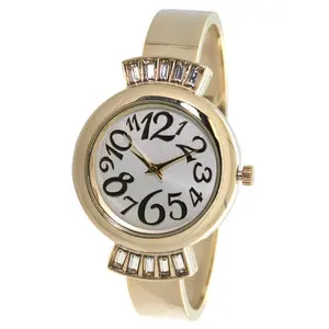 Women's Metal Bangle/Cuff Watch with Crazy Numbers Dial and Rhinestones (Gold)