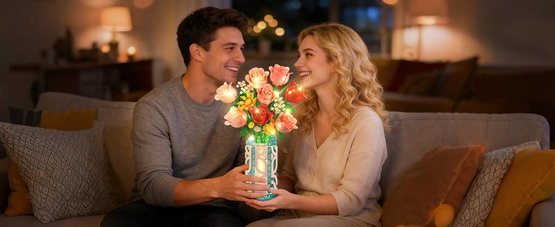 14 Flowers Bouquet Building Set with Vase and LED Light, Mother's Day 747 PCS Mini Roses Flower Botanical Building Blocks Toy, Birthday Gifts for Adults, Artificial Roses Flowers Home Decor