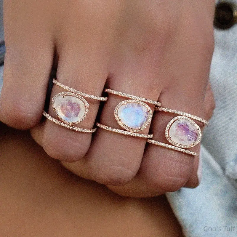 Women's Minimalist 14K Rose Gold Plated Micro Pave Band Ring, Irregular Luminous Moonstone Asymmetrical Fashion Costume Jewelry for Daily Outfits & Soft Dates