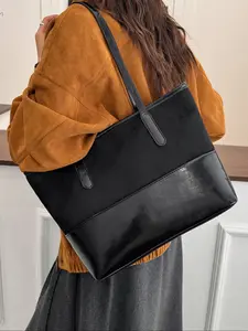 Highly Attractive, Fashionable, High-End, Minimalist, Solid Color, Large-Capacity Suede Patchwork Tote Bag, Ins Style, Elegant and Stylish Shoulder Bag, Suitable for Commuting, Travel, Dates and Gift-Giving