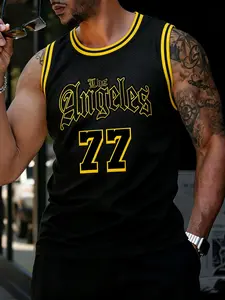 Men's #77 Basketball Apparel Jersey, Loose Fit Breathable Sleeveless Round Neck Vest Top with Embroidered Graphics, Suitable for Basketball, Sports Running and Workout Sports Tops