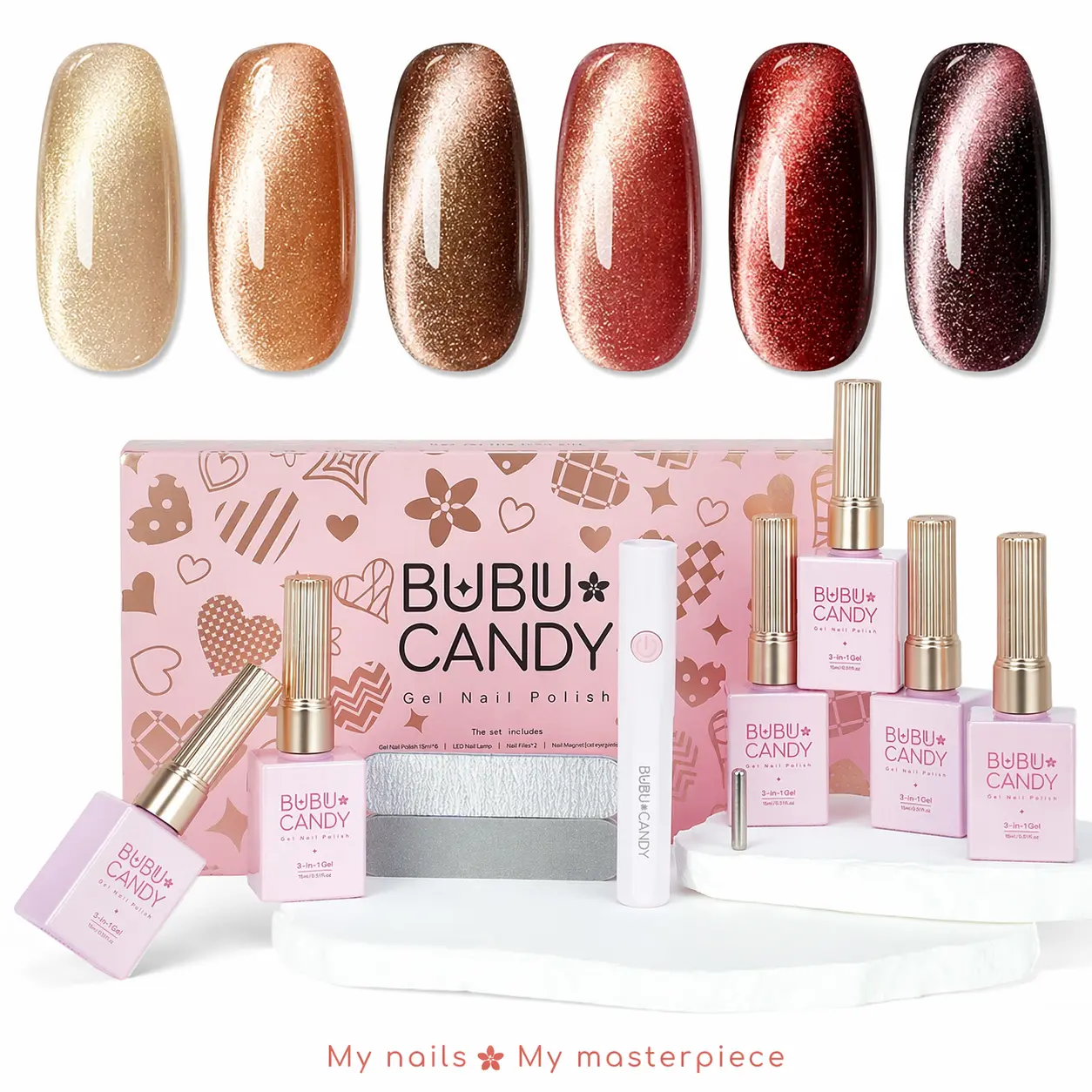 Exclusive to milymanny BUBU CANDY Mysterious Hourglass Cat Eye Gel Nail Polish Set, 6PCS 15ML Neutral Magnetic UV Gel with LED Lamp, Soak Off Gel for Home DIY Manicure #