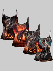 Flame Dragon Print Strap Set, Summer Home Sleepwear, Casual Slim-Fit Top, Sleeveless All-Over Print, Unique Stylish