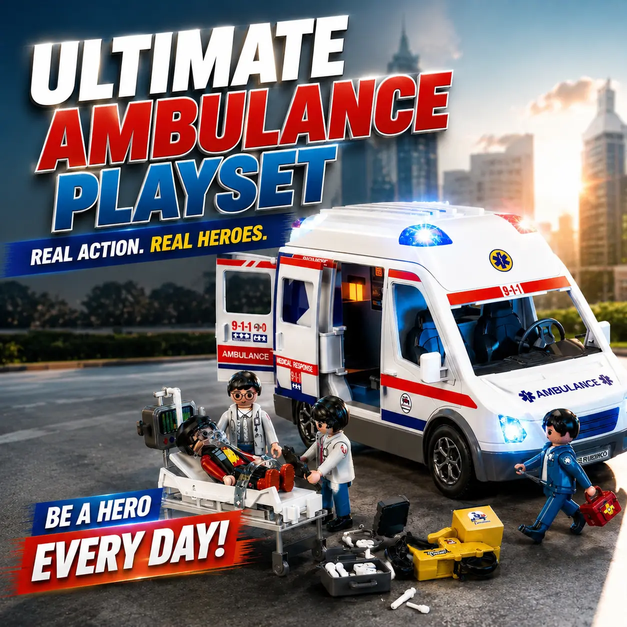 Children's Ambulance Model Toy Set with Sound light Including 4 Toy Figures Role-playing Safety Education Activity STEM Course Project Puzzle Activity Birthday Christmas Gifts alloy car