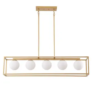 Modern Gold 5-Light Rectangle Metal Frame Kitchen Island Chandelier with Globe Glass Shades