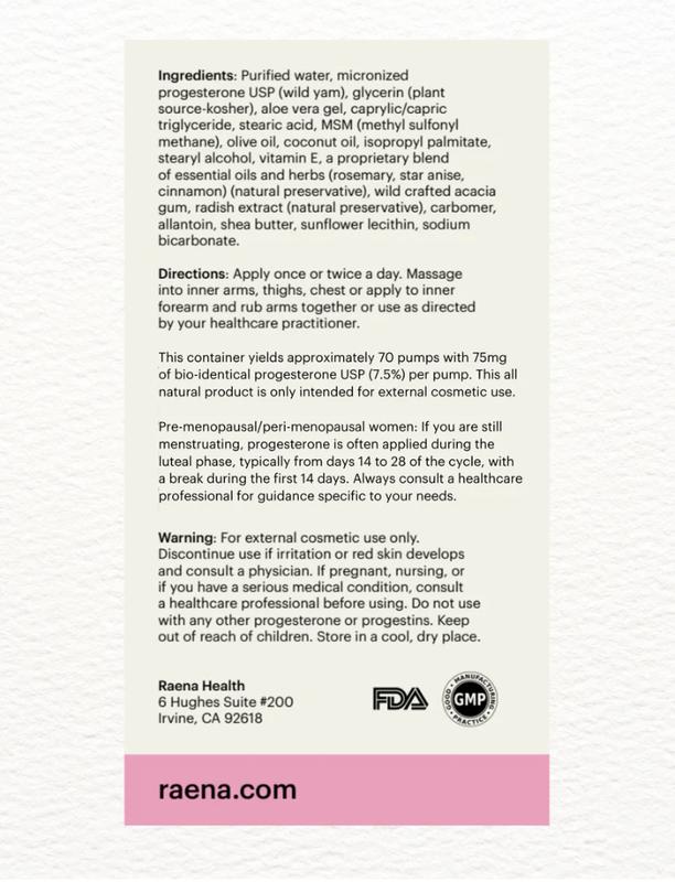 Raena The Natural Progesterone Cream 75mg - Bio-Identical Plant-Derived Formula for Hormonal Wellness & Skin Repair - USA Made Moisturizer