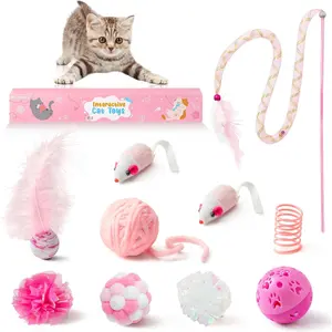 10Pcs Cat Toy Set Interactive Cat Toys Pack Including Feather Teaser Wand Cat Springs Mice Crinkle Balls and Pet Bell Balls, Puzzle Toys for Indoor Cats Gift (Pink)