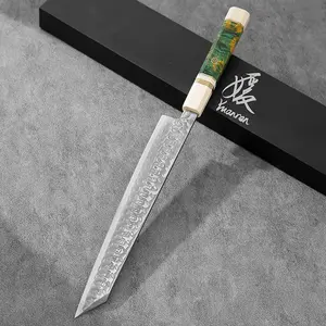 YUANREN 10.5" Green K-Tip Yanagiba 1-Sided Sashimi Knife D7A Stainless Steel Damascus 67 Layers Kataba (Chisel Ground / Single Bevel) Urasuki (Concave Grind / Curved Blade) Burled Stabilized Wooden Handle with Creamy White Pearl-Like Finish Cap and Base