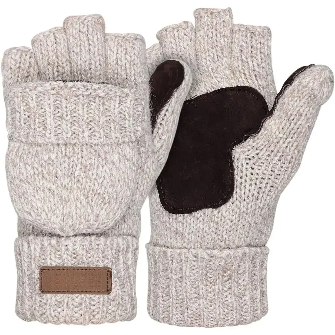 Unisex Winter Soft Insulating Knitted Convertible Mittens - Fingerless Texting Gloves with Leather Palm, Thermal Flap