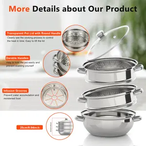 3 Tier Stainless Steel Steamer 11in Diameter Explosion Proof Glass Lid Fast Heating Multi Function for Induction Gas Stove Seafood Vegetable Cooking