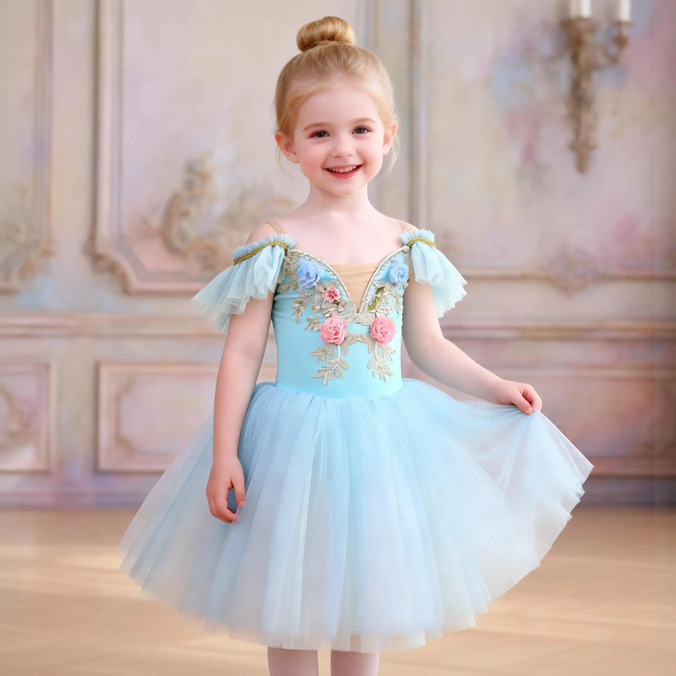 Girls Floral Embroidered Ballet Tutu Dress, Off-Shoulder Midi Tulle Dress, Dance Performance Costume