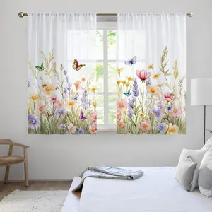 2pcs Hand-Painted Butterfly Watercolor Curtains, Transparent Sheer Drapes for Kitchen Bathroom, Short Curtain Rod Pockets