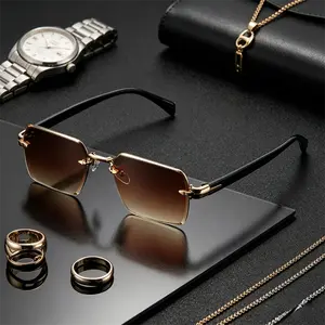 Men’s Retro Rimless Rectangular Sunglasses, Gold-Tone Frame Shades With Gradient Lenses, Lightweight Fashion Eyewear For Street And Daily Wear