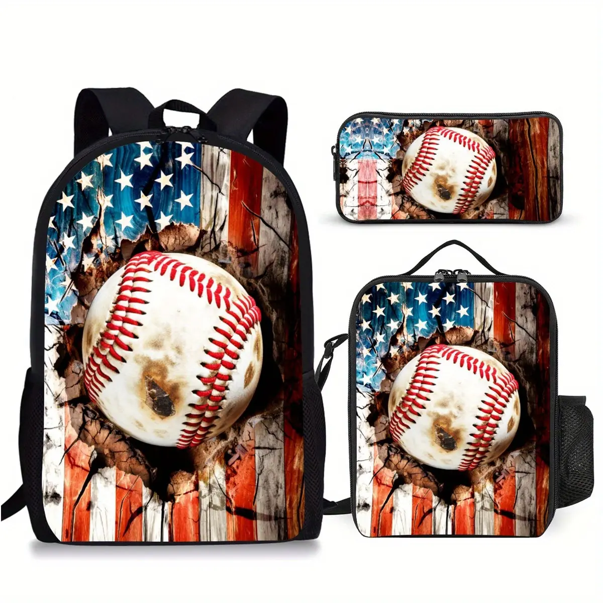 3Pcs American Flag Baseball Print Backpack Set Durable 600D Oxford Cloth School Bag Insulated Lunch Box & Pencil Case Combo Adjustable Breathable Strap Large Capacity Fits 15in Laptop for Kids Teens School Travel Outdoor Use