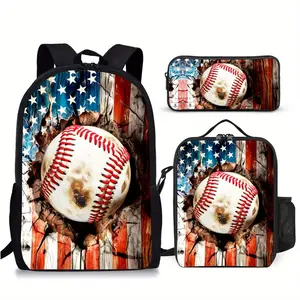 3Pcs American Flag Baseball Print Backpack Set Durable 600D Oxford Cloth School Bag Insulated Lunch Box & Pencil Case Combo Adjustable Breathable Strap Large Capacity Fits 15in Laptop for Kids Teens School Travel Outdoor Use