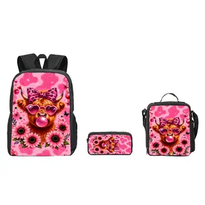 Highland Cow 3PCS Backpack Set School Backpack with Lunch Bag and Pencil Case Cute Cow Bookbag Large Capacity Lightweight Travel Daypack Student Schoolbag Back to School Gift for Boys Girls Teens Kids Elementary Middle School Daily Use