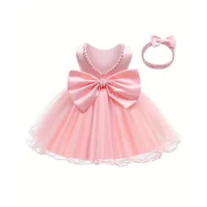 NewBaby Girls Ruffle Lace Backless with Headwear Bowknot Princess Dresses Pageant Party Wedding Christening Baptism White Ball Gown