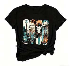 Vintage Western Cowboy Graphic T-Shirt For Women Featuring Boots Hats And Guitar Design In Soft Breathable Fabric Perfect For Casual Summer Wear