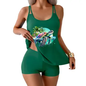 2-Piece Watercolor Sea Turtle Ocean Beach Tankini Bathing Suits, Stretchy Swimsuit Top, Tummy-Covering Boy Short Swim Bottoms,summervibes