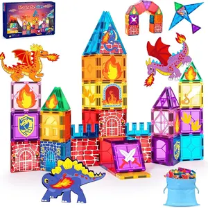 1 Set 52-Piece Dinosaur Theme Magnetic Tiles 3D Building Toy Set, Creative Dinosaur Magnetic Construction Kit, Stem Education Gift for Kids Ages 3-9, Magnetic Blocks