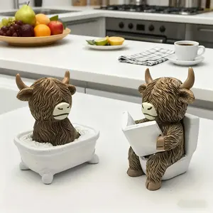 Cute Highland Cow Resin Figurine, Non-Electric Bathroom Ornament, Farmhouse Home Decor Statue with Book, Collectible Gift for Easter Housewarming