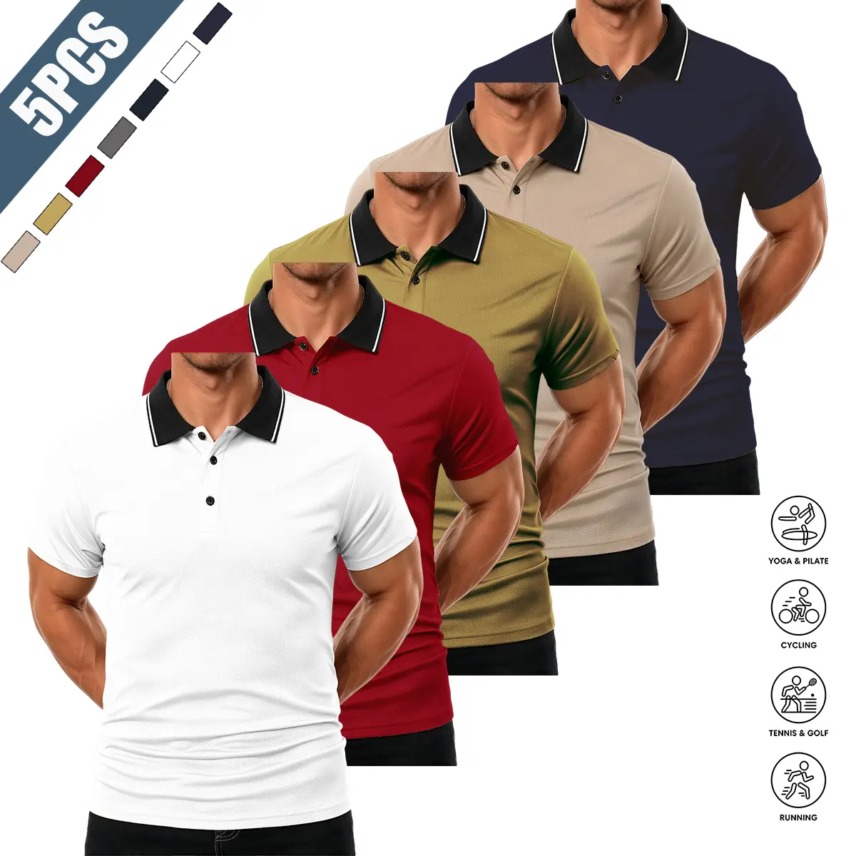 Men’s 5-Pack Menswear Contrasting Collar Piqué Mesh Polo Shirts, 100% Polyester, Quick Dry, Breathable, Moisture-Wicking, Slim Fit Short Sleeve Tops, Versatile for Office Work, Golf, Everyday Casual Wear