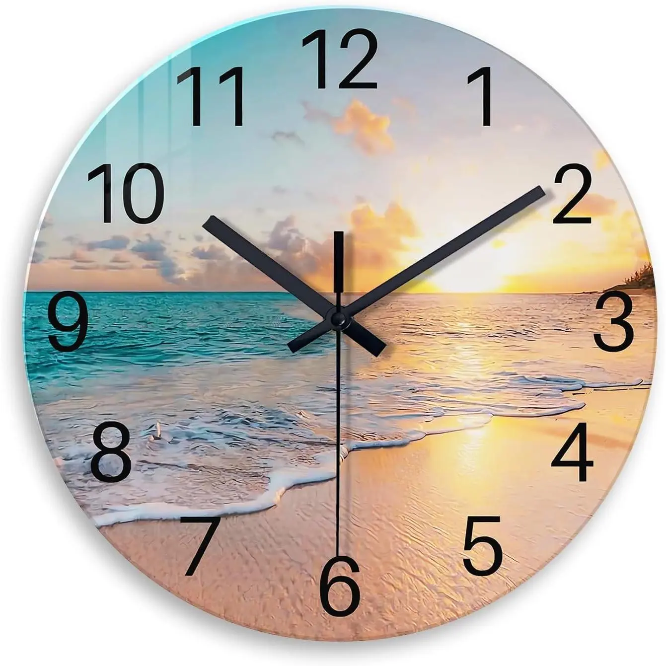 Beach Wall Clock  Operated 12 Inch Glass Wall Clock Non Ticking Analog Blue Clock for Bedroom Living Room Office