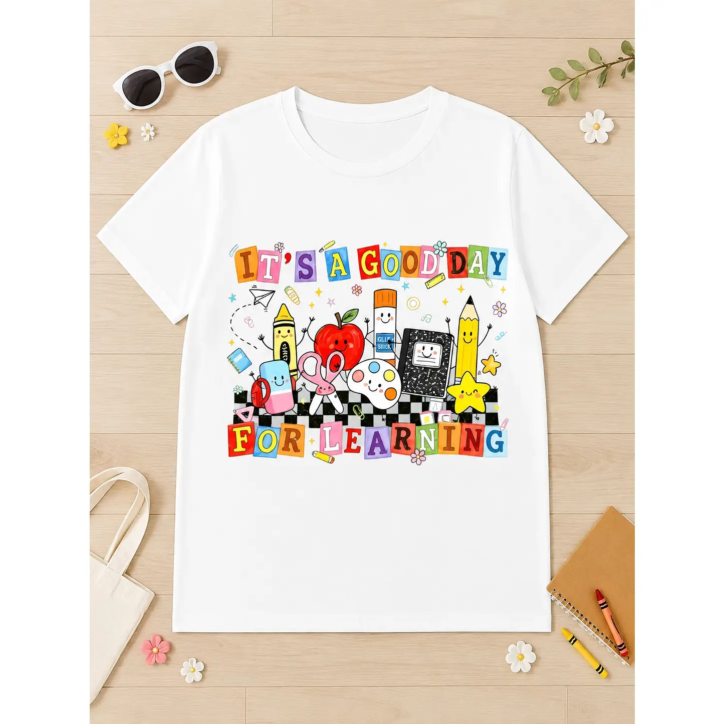 Women's Checkerboard Teacher Graphic Short-Sleeve T-Shirt - Comfortable Oversized Crew Neck, Heavyweight Cotton-Spandex, Colorful School Theme, Back to School Apparel Gift, Machine Washable, Flattering Fit, Loveable Design